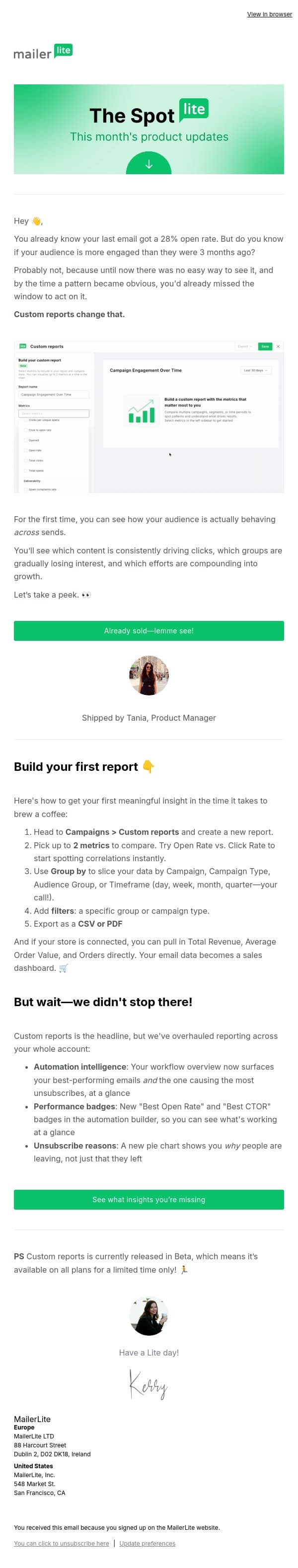 🤓 For the data nerds: Custom reports email from MailerLite screenshot