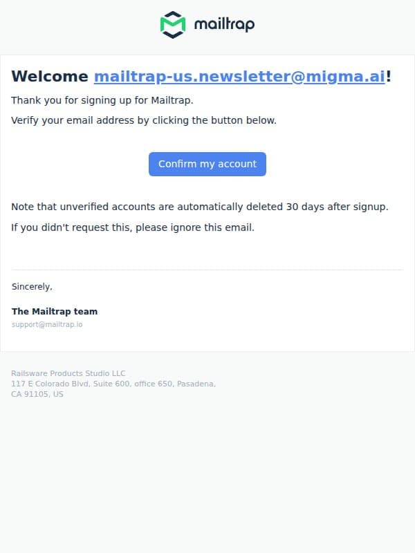 Confirmation instructions for Mailtrap account email from Mailtrap screenshot