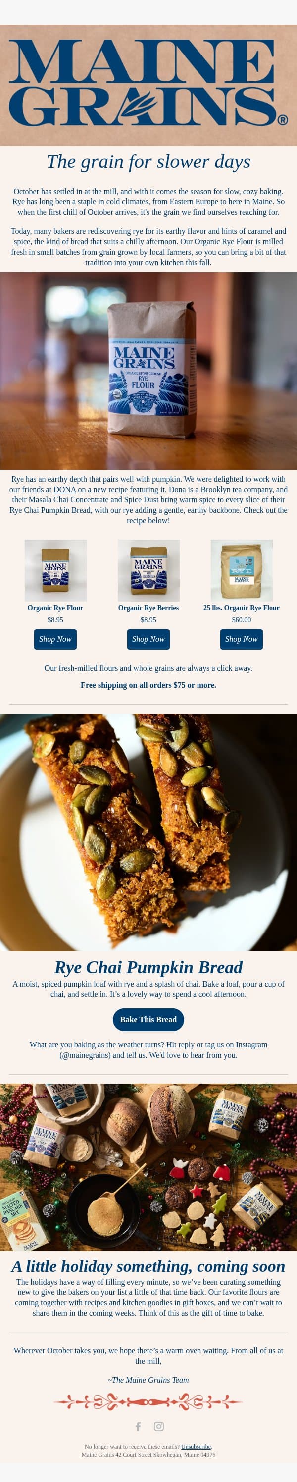 Rye chai pumpkin bread, plus a peek at the holidays email from Maine Grains screenshot
