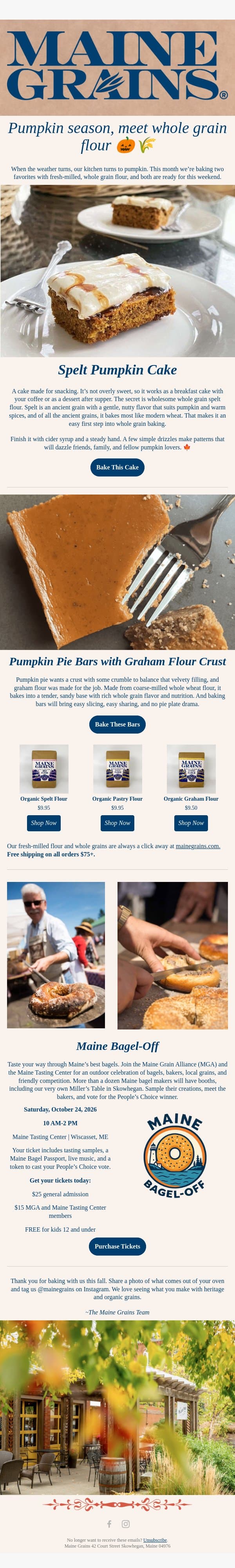 Two pumpkin bakes and a bagel showdown email from Maine Grains screenshot