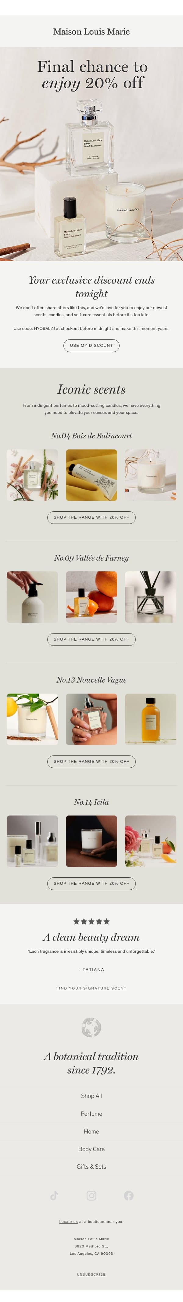 Last Chance: 20% Off Ends At Midnight email from Maison Louis Marie screenshot