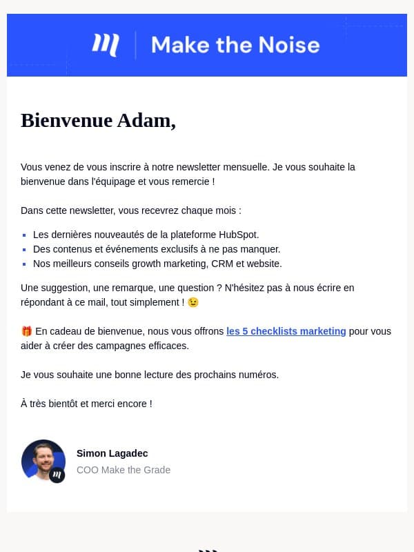Bienvenue Adam, email from Make The Grade
