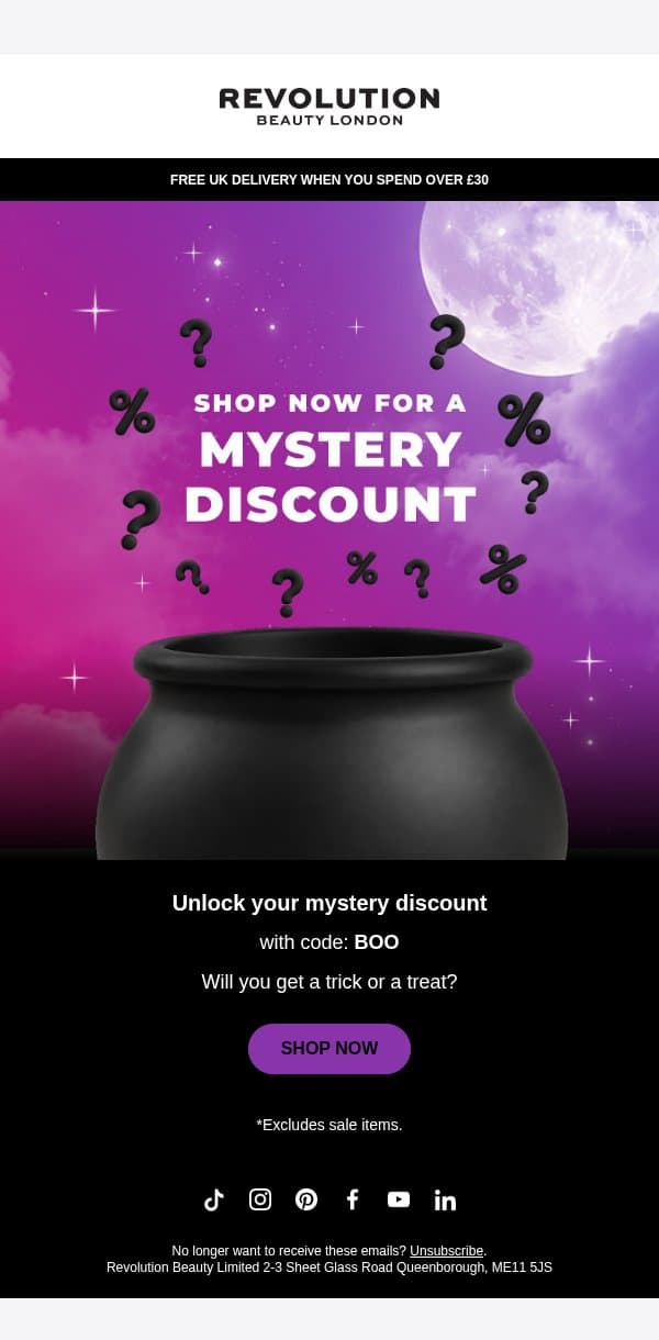 Unlock your MYSTERY DISCOUNT 🔮 email from Makeup Revolution screenshot