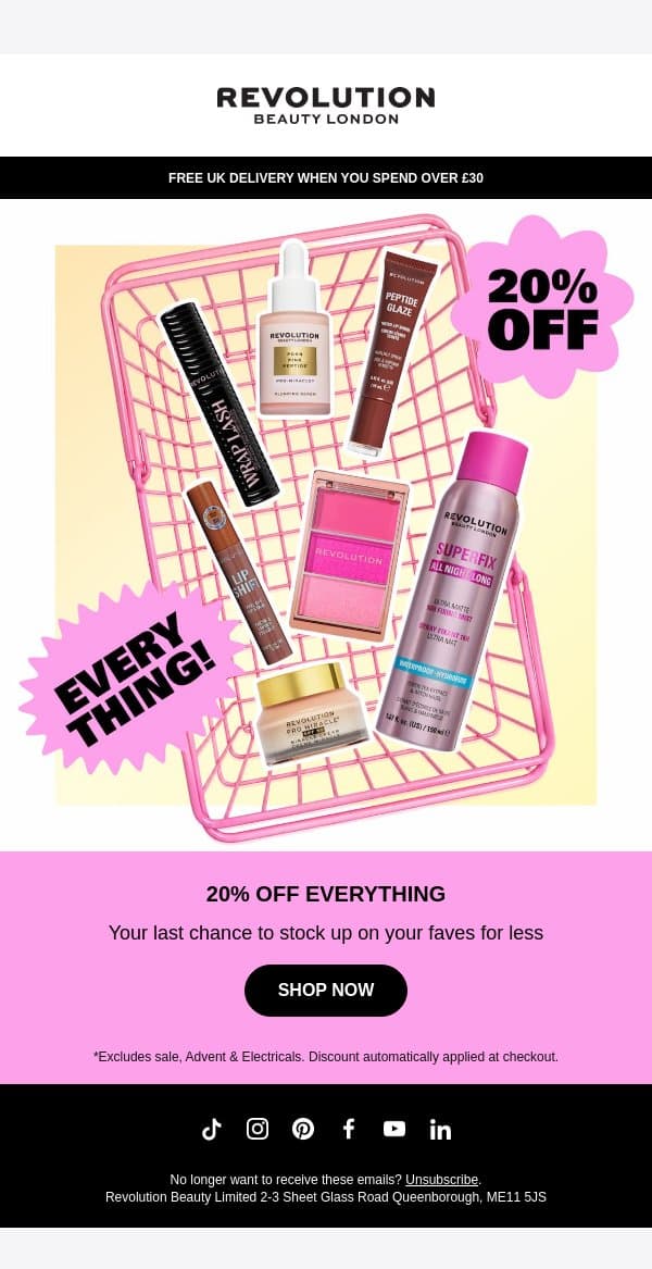 Final call 🚨 for 20% off EVERYTHING email from Makeup Revolution screenshot