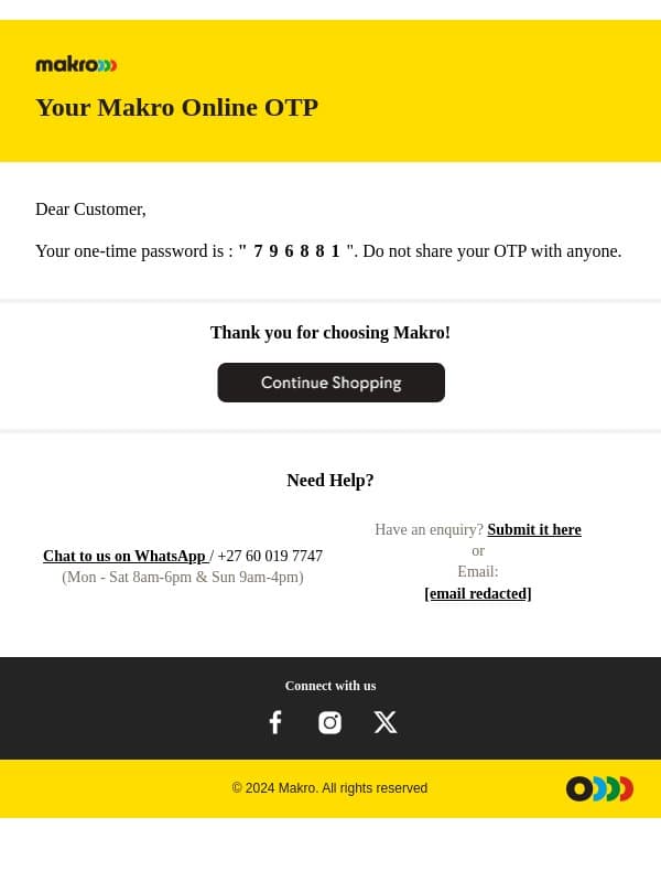 Makro Online One Time Password (OTP) email from MAKRO