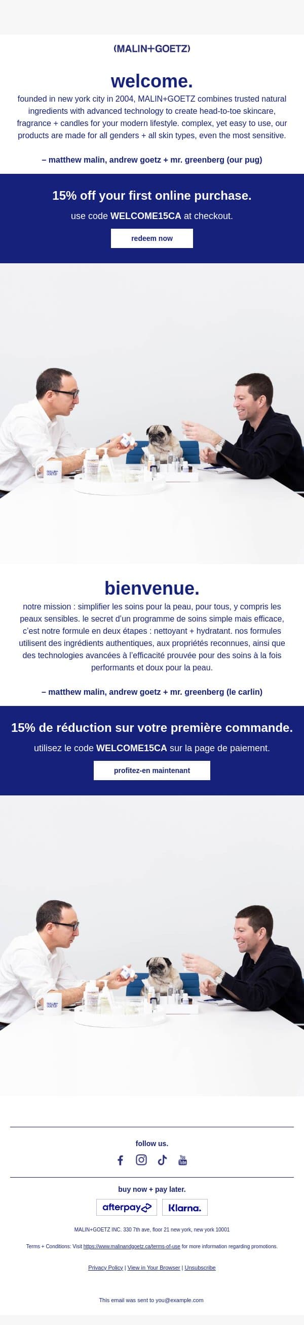welcome. enjoy 15% off your first purchase. email from MALIN+GOETZ screenshot