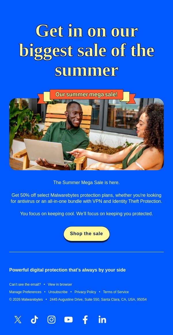 Last Chance: 50% off select Malwarebytes protection plans email from Malwarebytes screenshot