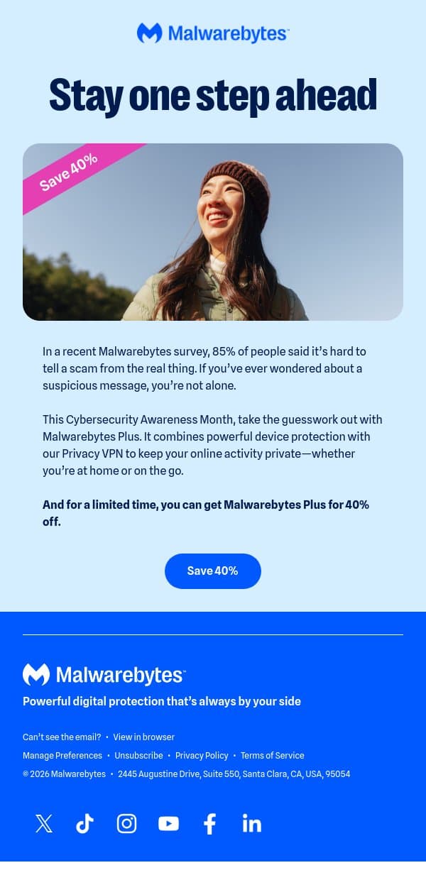 Don’t miss out on our Cybersecurity Sale email from Malwarebytes screenshot