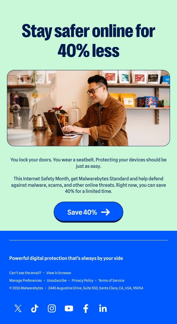 Save 40% during Internet Safety Month email from Malwarebytes screenshot