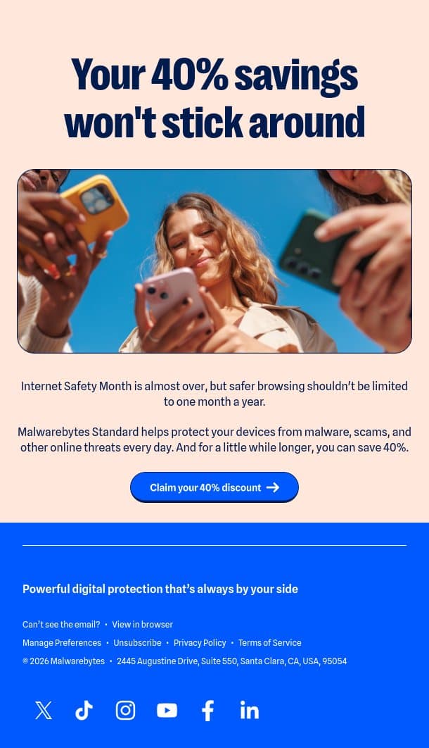Save 40% before it's gone email from Malwarebytes screenshot