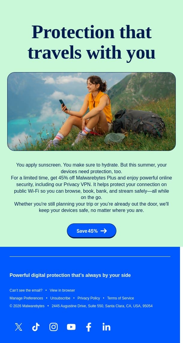 Your trip is planned. Is your security? email from Malwarebytes screenshot