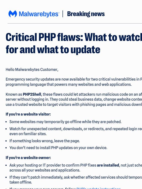 PHP security alert: What you need to know email from Malwarebytes