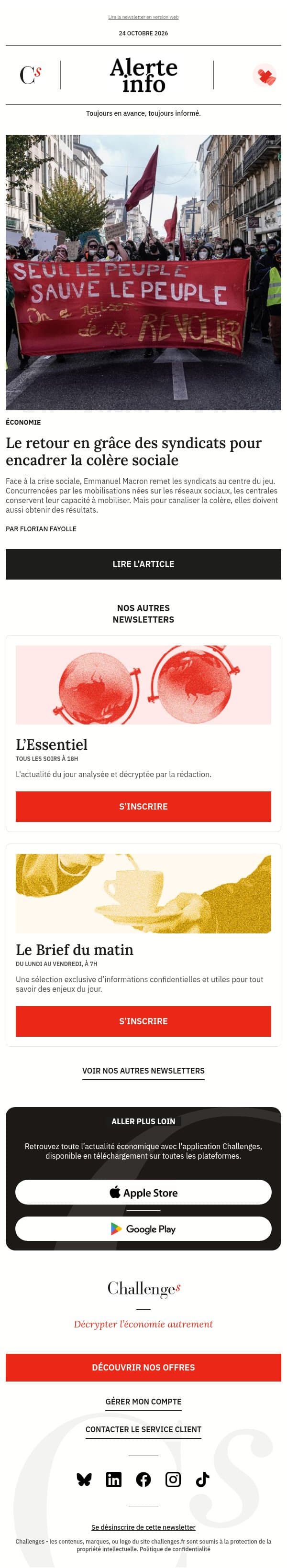 Alerte info : Le retour en grâce des syndicats pour encadrer la colère sociale email from Management screenshot