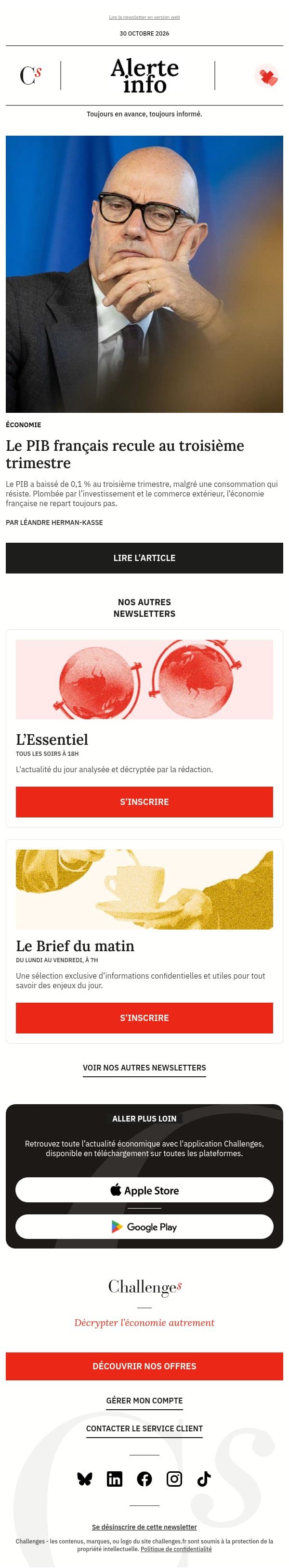 Alerte info : « L’économie française est à l’arrêt » : le PIB recule au troisième trimestre, la France frôle la récession email from Management screenshot