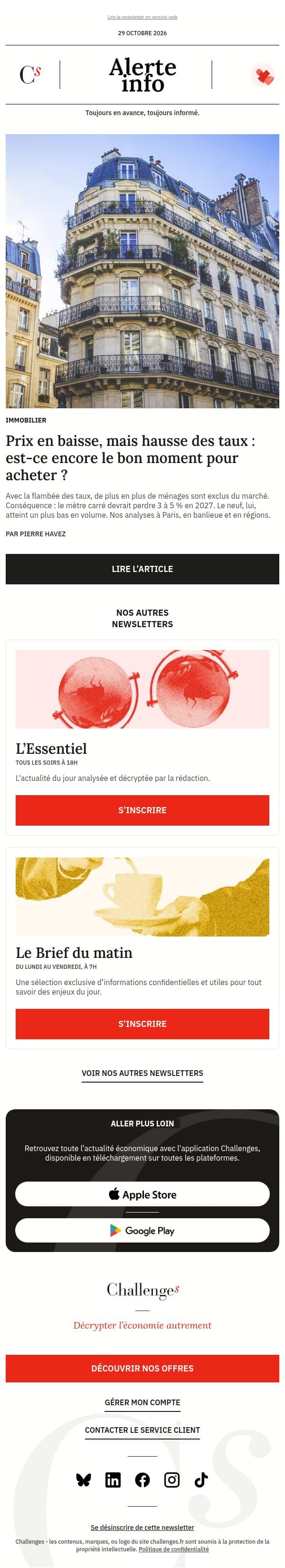 Alerte info : Avec des prix en baisse mais une hausse des taux, est-ce encore le moment d’acheter ? email from Management screenshot