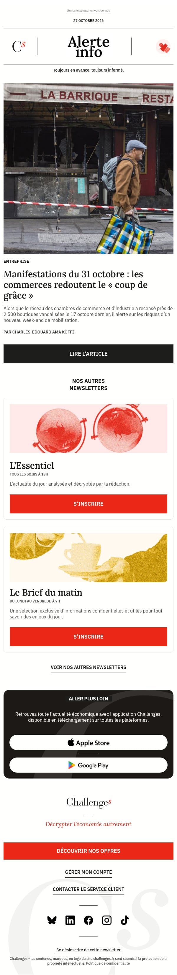 Alerte info : Entre les manifestations du 31 octobre et Halloween, les commerces redoutent le « coup de grâce » email from Management screenshot