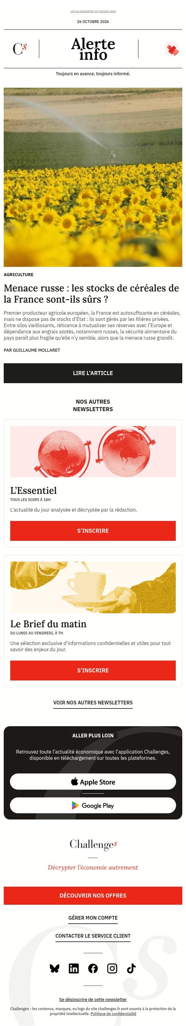 Alerte info : En cas de crise, qui gère les stocks de céréales de la France ? email from Management screenshot