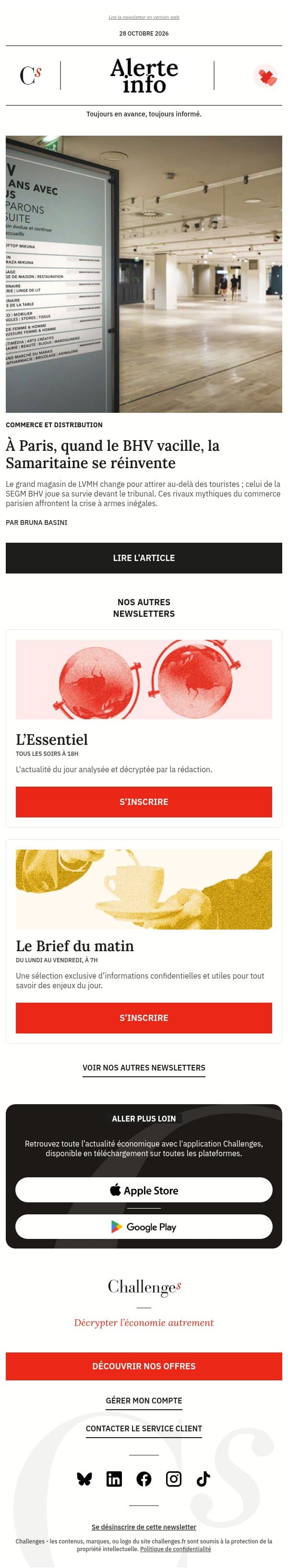 Alerte info : BHV vs la Samaritaine : le destin contrasté de deux grands magasins emblématiques de Paris email from Management screenshot
