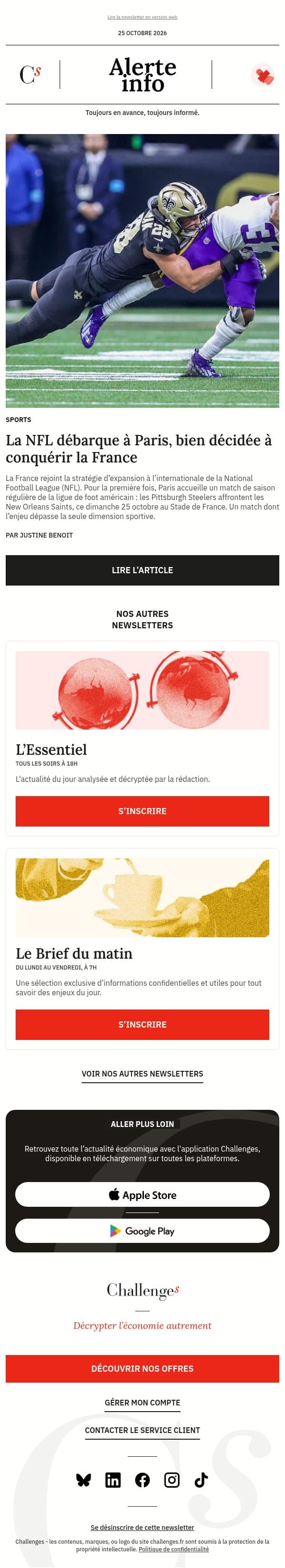Alerte info : Un match de football américain inédit à Paris ce dimanche : La ligue sportive la plus puissante du monde tente de conquérir la France email from Management screenshot