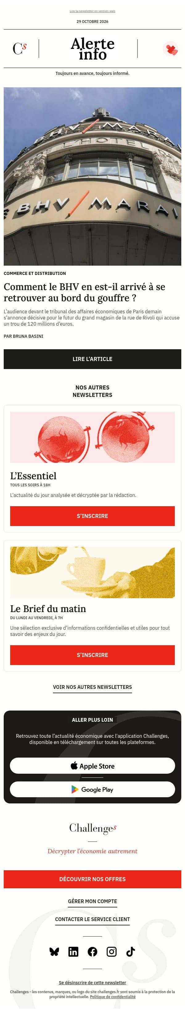Alerte info : 1,4 million d’euros en caisse face à 121,3 millions de dettes exigibles : comment le BHV en est-il arrivé à se retrouver au bord du gouffre ? email from Management screenshot