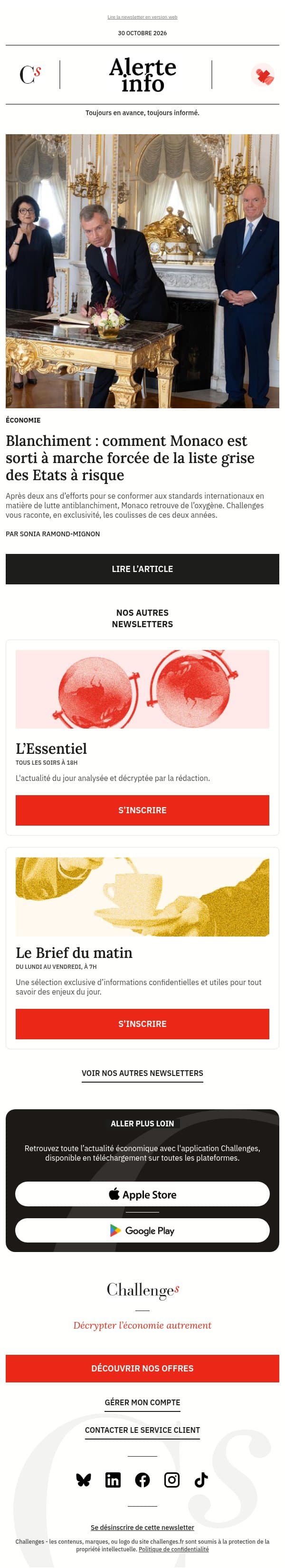 Alerte info : « C’est le premier sujet que le Prince a évoqué avec moi » : comment Monaco est sorti, à marche forcée, de la liste grise des Etats à risque pour le blanchiment email from Management screenshot