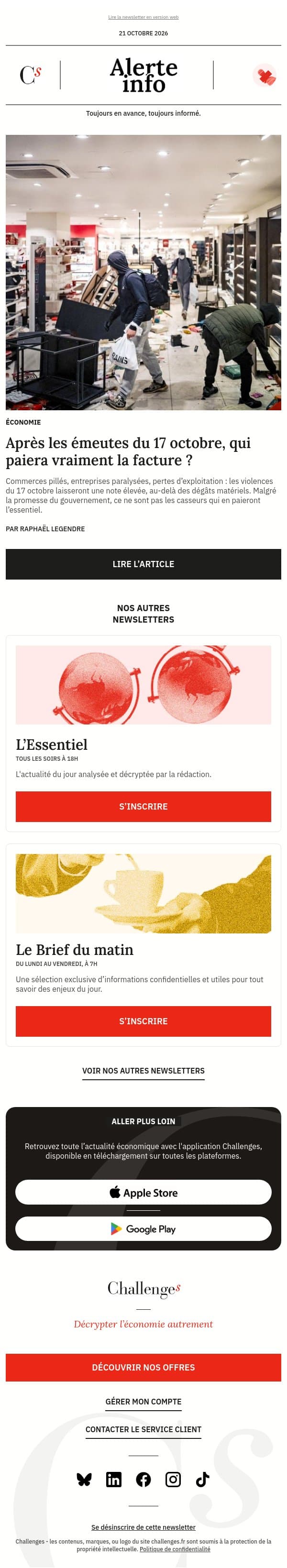 Alerte info : Après les émeutes du 17 octobre, qui paiera vraiment la facture ? email from Management screenshot