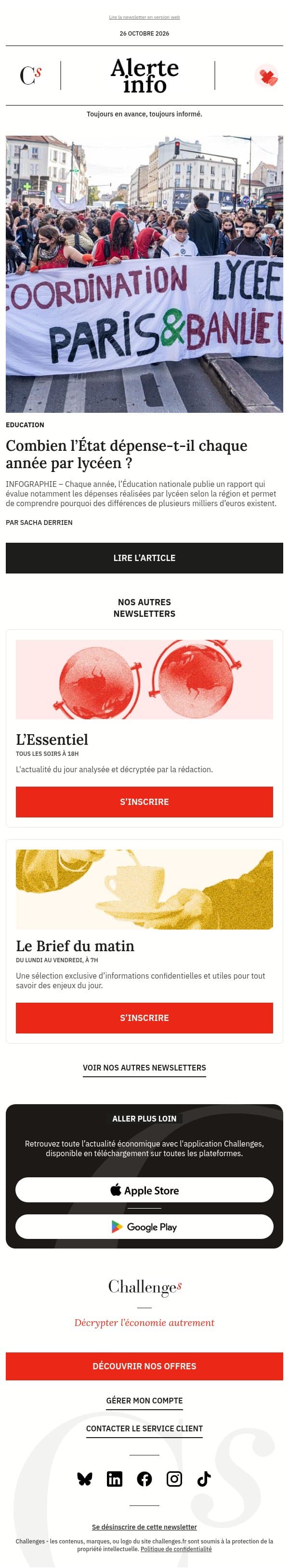 Alerte info : De 7 940 € en Bretagne à 11 700 € en outre-mer : combien l’État et les collectivités territoriales dépensent-ils chaque année par lycéen ? email from Management screenshot