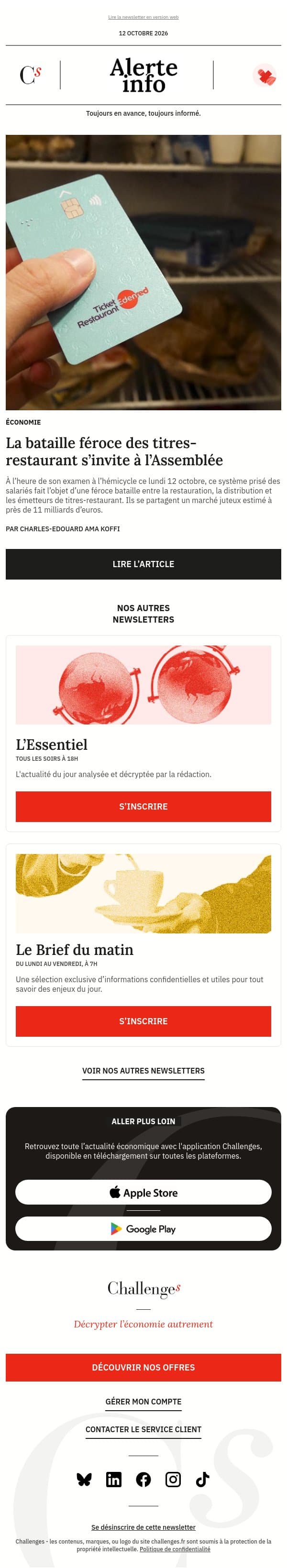 Alerte info : Des milliards d’euros en jeu et un intense lobbying en coulisse : la bataille féroce des titres-restaurant s'invite à l’Assemblée email from Management screenshot