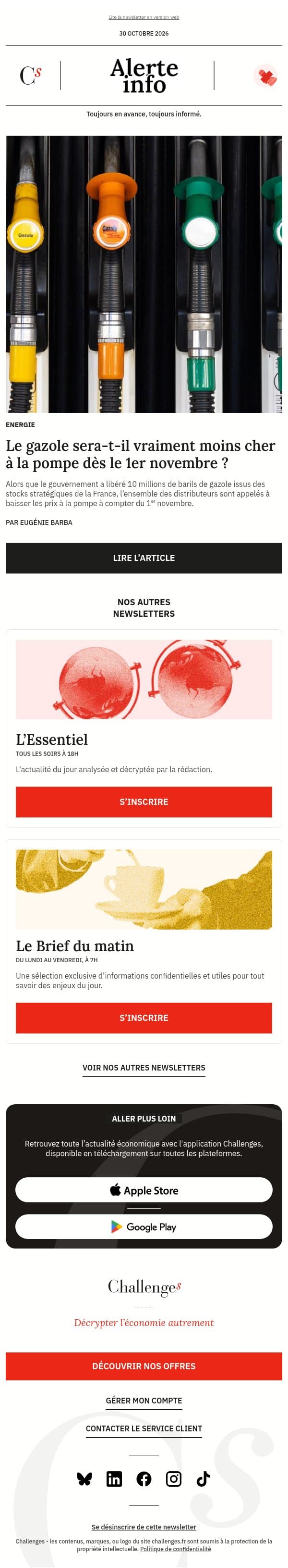 Alerte info : Pourquoi la baisse des prix ne sera pas visible dans toutes les stations dès le 1er novembre email from Management screenshot