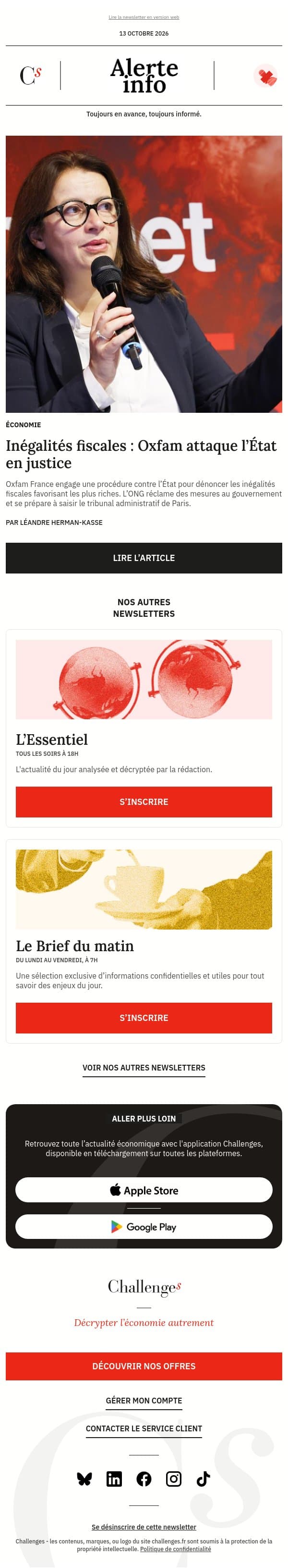 Alerte info : Oxfam attaque l’État en justice pour faire reconnaître les inégalités fiscales favorisant les plus riches email from Management screenshot