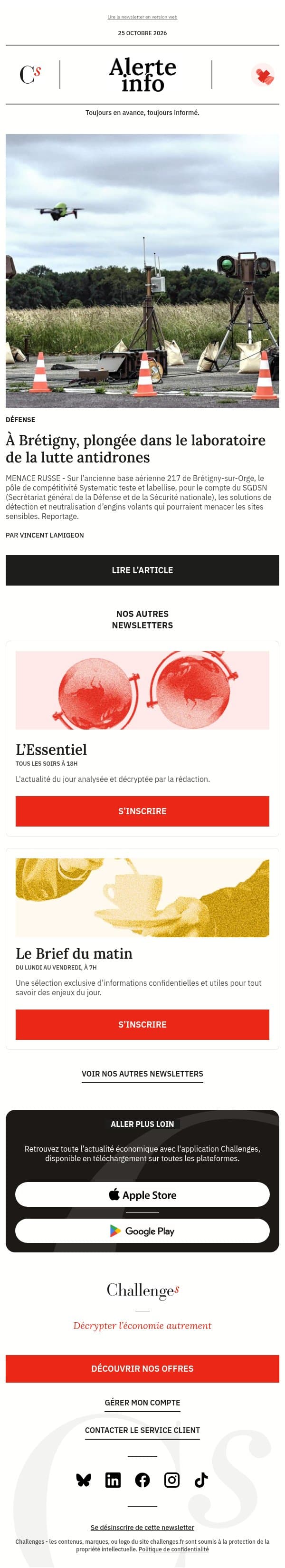 Alerte info : Reportage : plongée dans l’ancienne base aérienne de Brétigny, laboratoire de la lutte antidrones email from Management screenshot