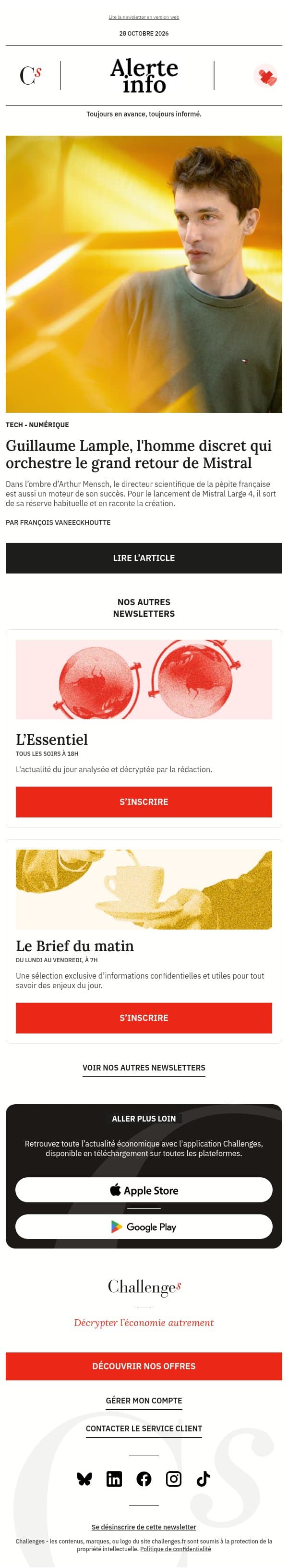 Alerte info : « Il y avait beaucoup de pressions pour que nous sortions de nouveaux modèles » : Guillaume Lample, l'homme discret qui orchestre le grand retour de Mistral email from Management screenshot