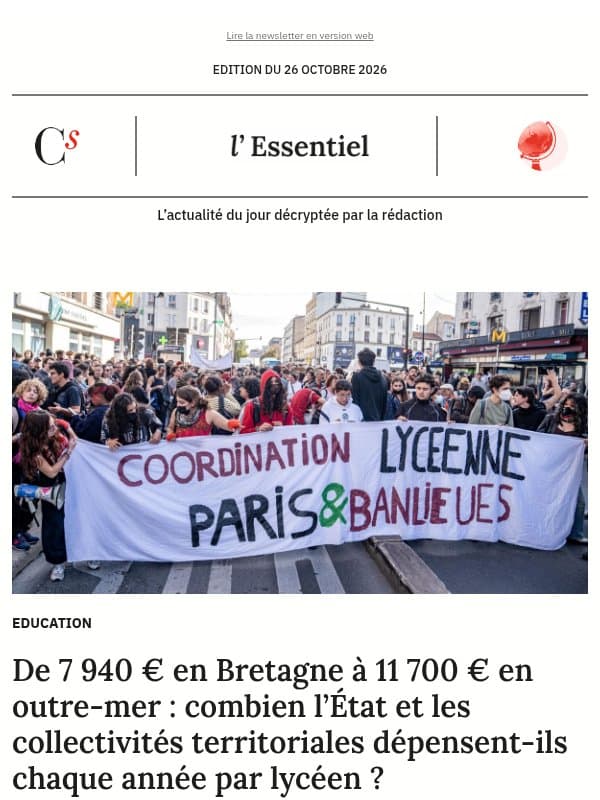De 7 940 € en Bretagne à 11 700 € en outre-mer : combien l’État et les collectivités territoriales dépensent-ils chaque année par lycéen ? email from Management