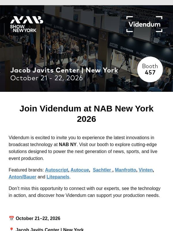 Experience the latest from Videndum at NAB New York email from Manfrotto