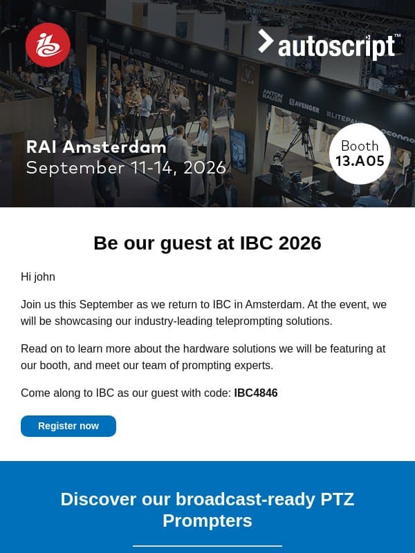 IBC 2026: Lets talk studio teleprompting solutions email from Manfrotto