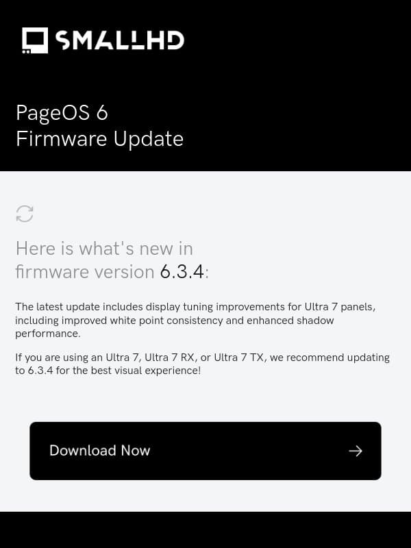 New Firmware for PageOS 6 v6.3.4 -- Download Now email from Manfrotto