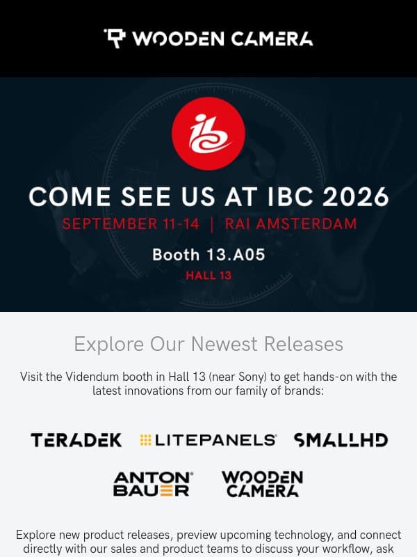 Come see Wooden Camera at IBC 2026 email from Manfrotto