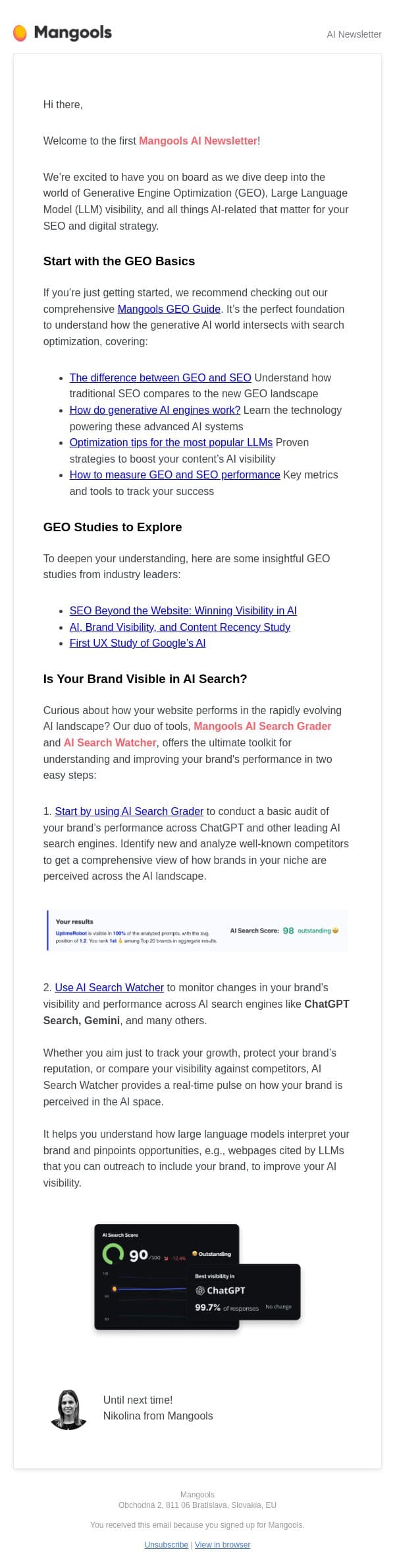 Your first step into GEO with Mangools email from Mangools screenshot