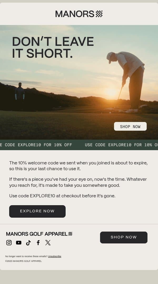 Last chance Friend email from Manors Golf screenshot