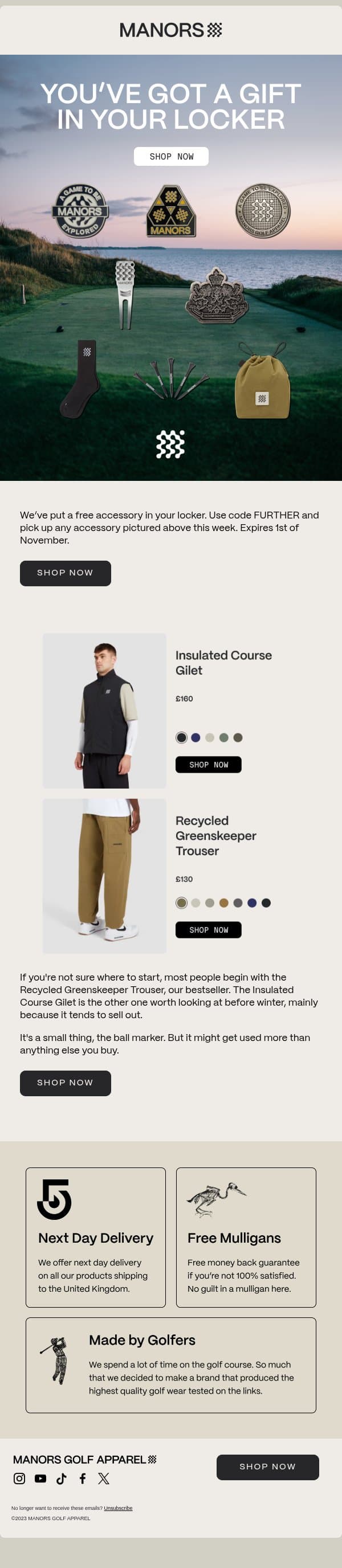 There’s a gift in your locker. email from Manors Golf screenshot