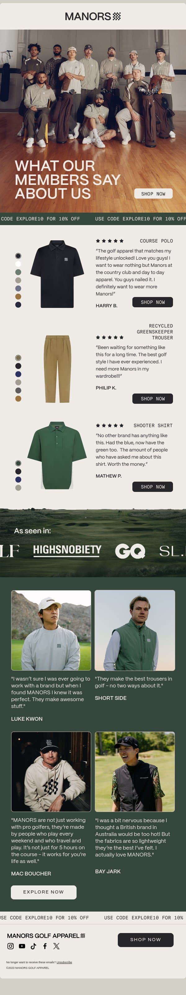 A curious group of outsiders and fanatics email from Manors Golf screenshot