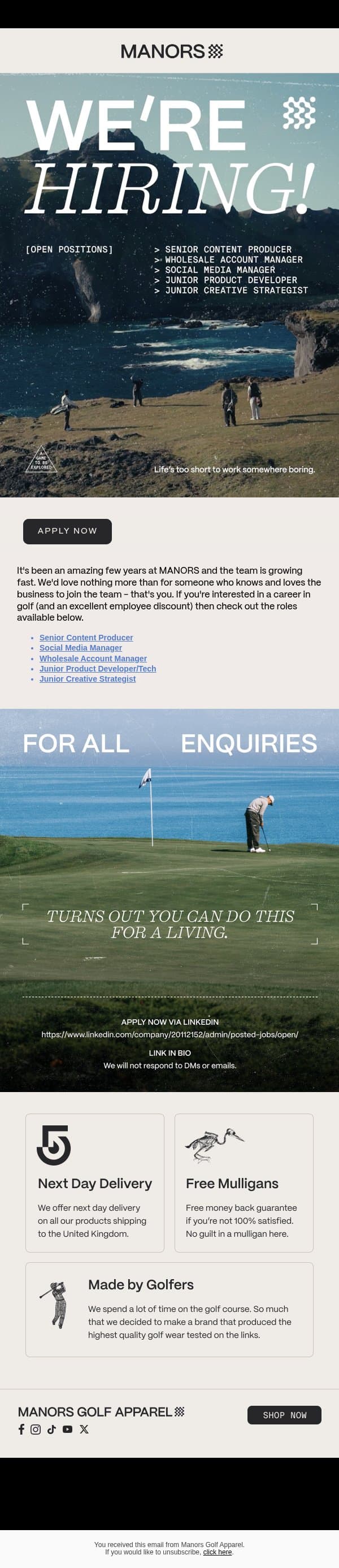 Are you interested in a career in golf? email from Manors Golf screenshot