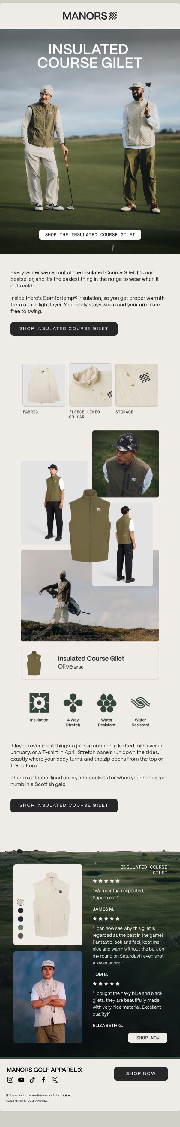 The one we sell out of every winter. email from Manors Golf screenshot