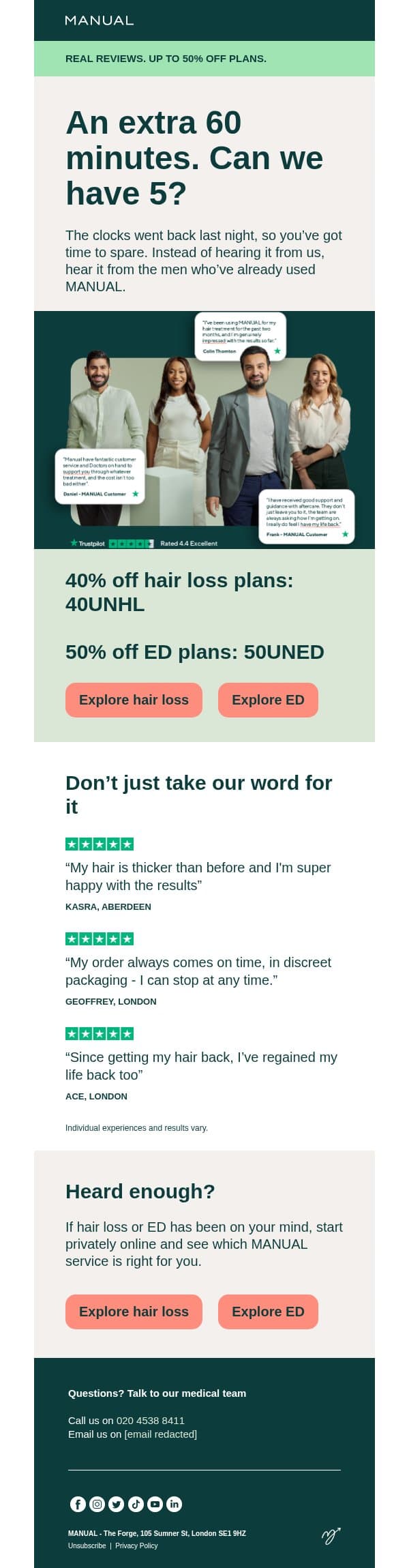 An extra 60 minutes. Can we have 5? email from Manual screenshot