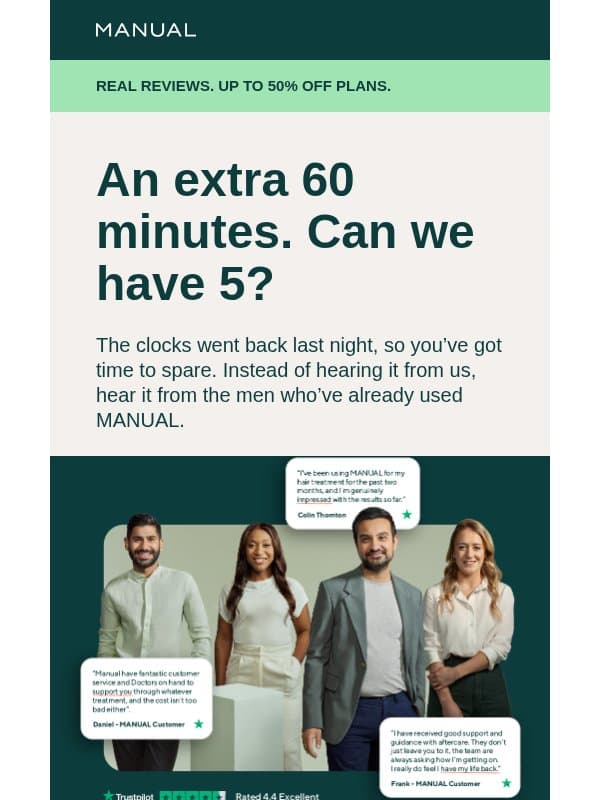 An extra 60 minutes. Can we have 5? email from Manual