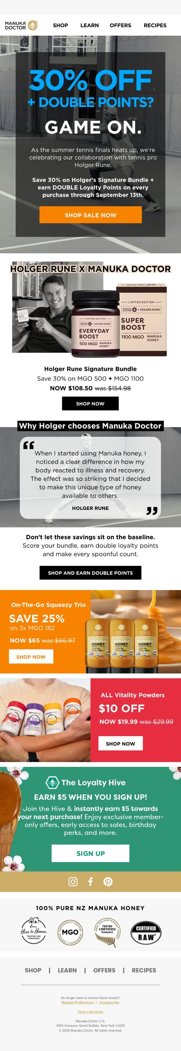 🎾Score 30% Off + Double Points! email from Manuka Doctor screenshot
