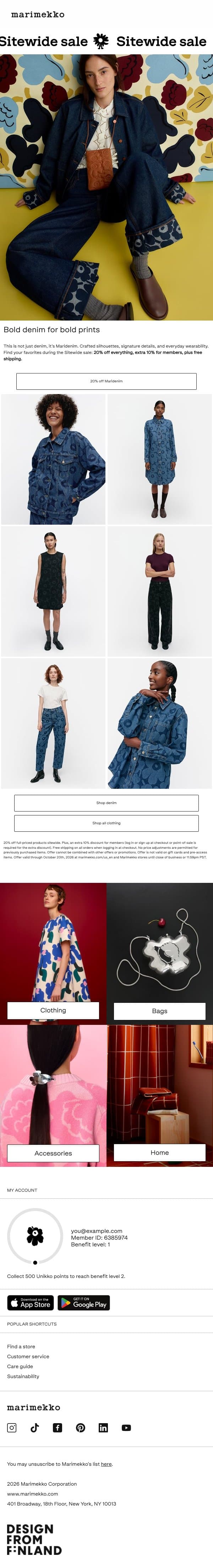 Denim, the Marimekko way | 20% off email from Marimekko screenshot