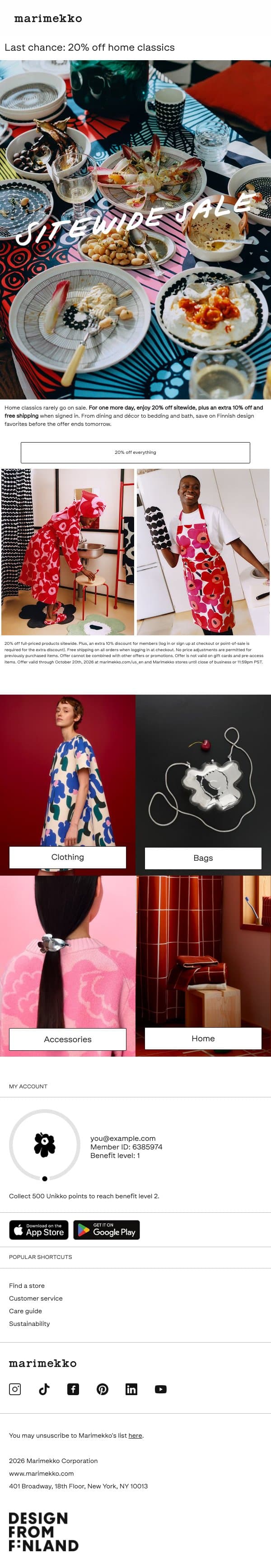 Ends tomorrow: 20% off everything email from Marimekko screenshot