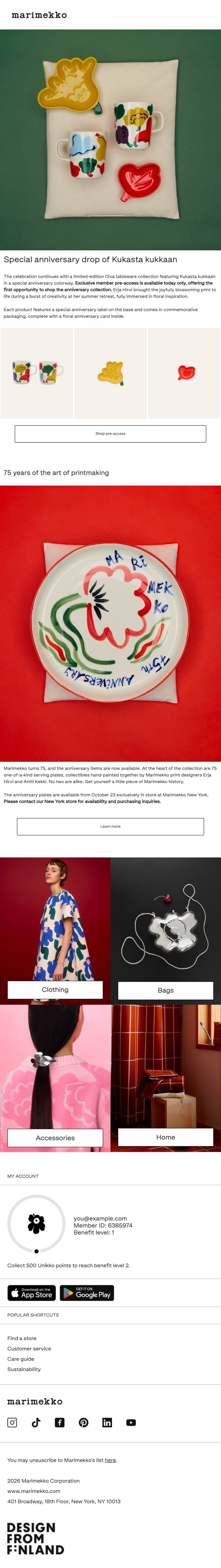 Marimekko’s 75th anniversary items email from Marimekko screenshot