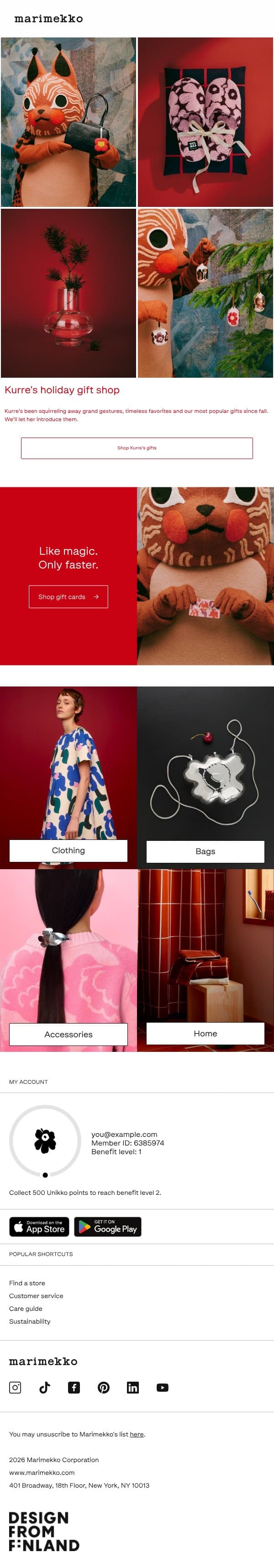 The holiday gift shop is ready. email from Marimekko screenshot
